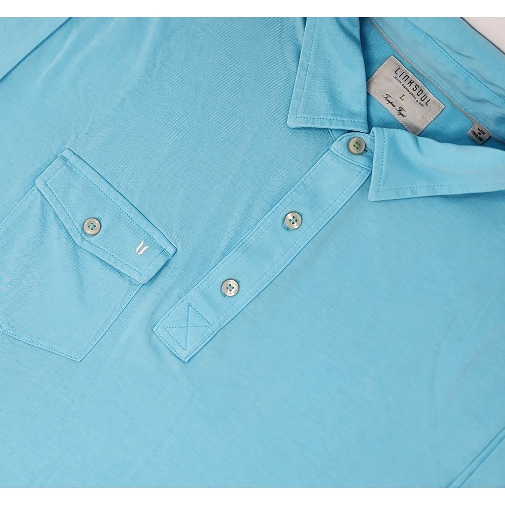 Linksoul Polo Shirt Mens Large Aqua‎ Blue Short Sleeve Stretch Golf Pocket EUC
